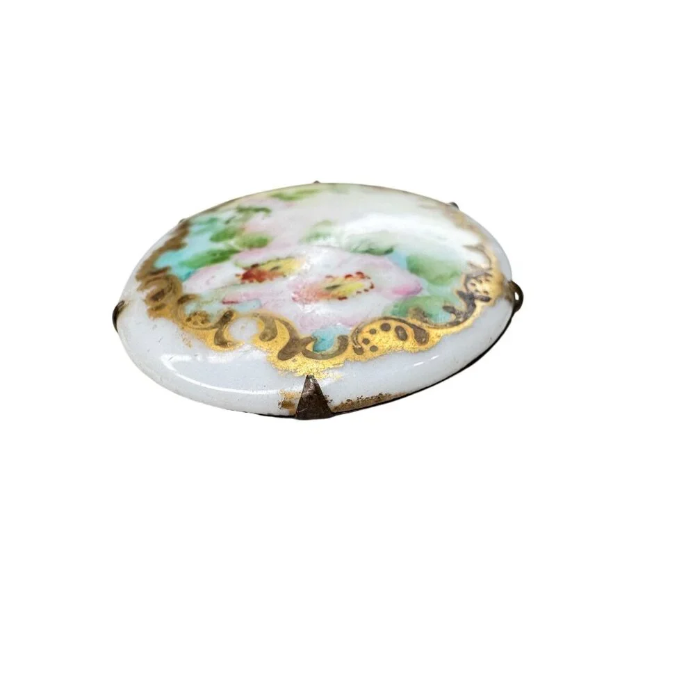 Unsigned Hand Painted Porcelain Brooch Floral Gold Scroll Victorian Antique